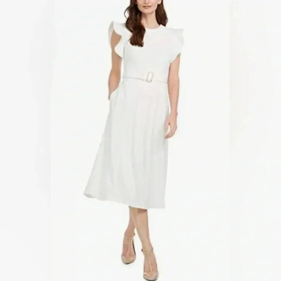 Calvin Klein Women's Flutter Sleeved A-line Dress with Self-Fabric Belt Size 10 - Picture 4 of 9